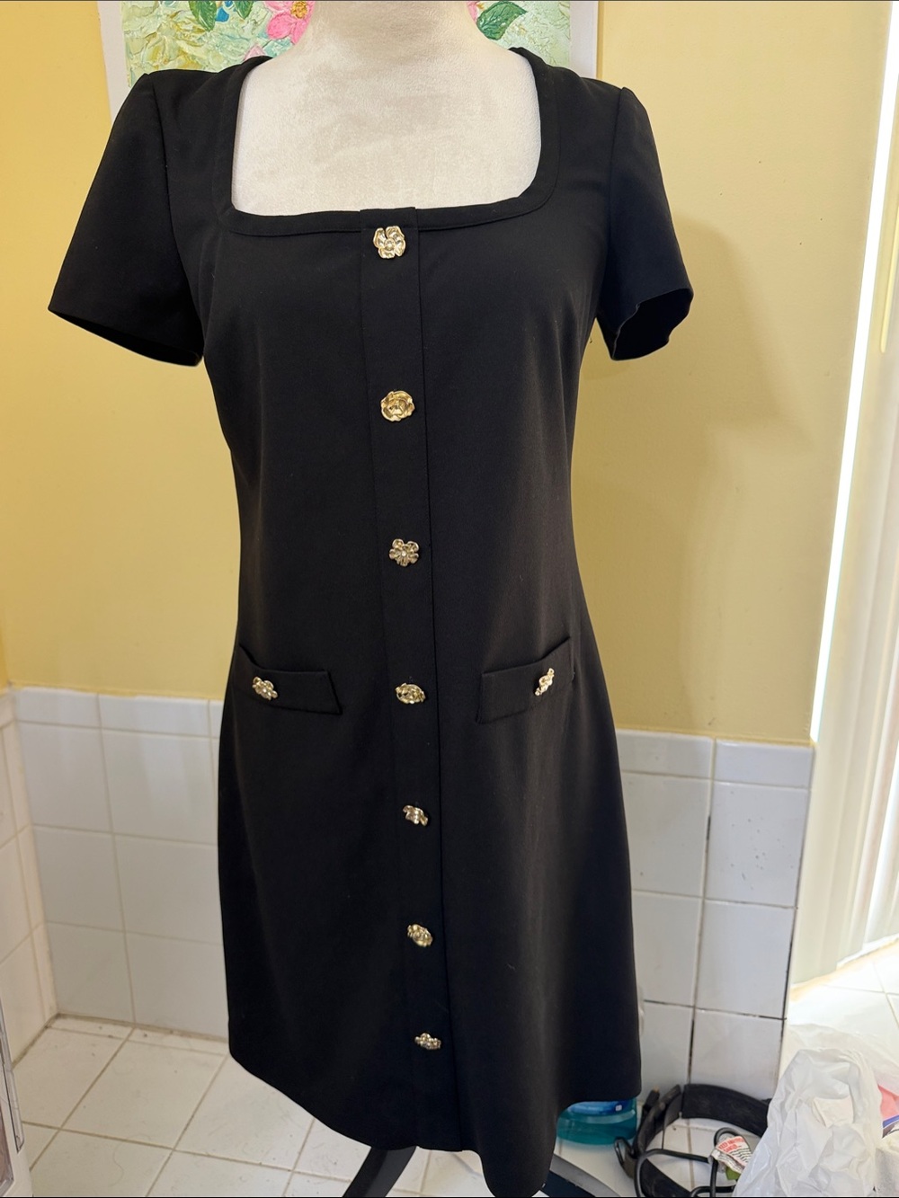 Karl Lagerfeld Black Square-Neck Short Sleeve Dress with Gold Flower Buttons